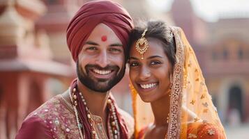 AI generated Happy beautiful and indian couple smiling looking at camera while standing against blurred indian photo