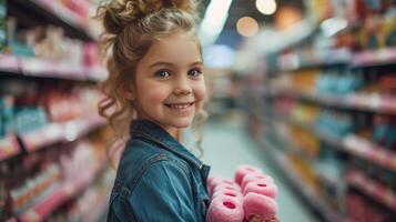 AI generated Happy young girl in a store holding pink rollers in her hands and smiling while looking at the camera photo