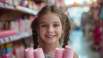 AI generated Happy young girl in a store holding pink rollers in her hands and smiling while looking at the camera photo