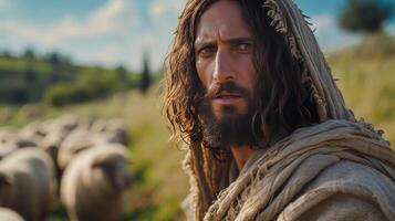 AI generated Jesus tends sheep in a meadow. Jesus looks into the camera photo