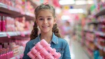 ai generado contento joven niña en un Tienda participación rosado rodillos en su manos y sonriente mientras mirando a el cámara foto