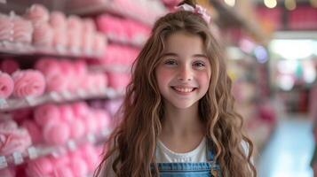 AI generated Happy young girl in a store holding pink rollers in her hands and smiling while looking at the camera photo
