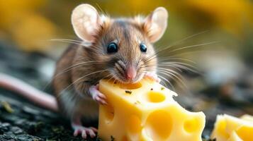 AI generated Little cute mouse eats cheese and looks at the camera photo