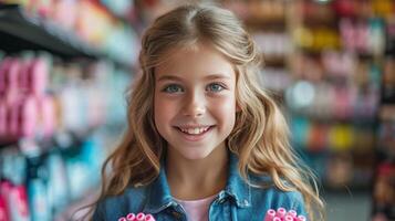 AI generated Happy young girl in a store holding pink rollers in her hands and smiling while looking at the camera photo