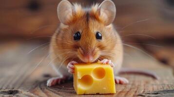 AI generated Little cute mouse eats cheese and looks at the camera photo