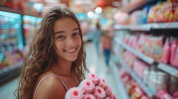 ai generado contento joven niña en un Tienda participación rosado rodillos en su manos y sonriente mientras mirando a el cámara foto