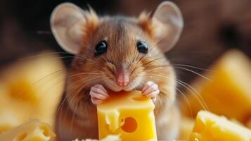 AI generated Little cute mouse eats cheese and looks at the camera photo