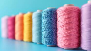 AI generated Multi-colored sewing threads lie in a row on a minimalistic bright background photo