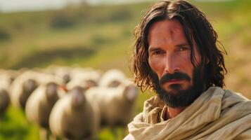 ai generado Jesús tiende oveja en un prado. Jesús mira dentro el cámara foto