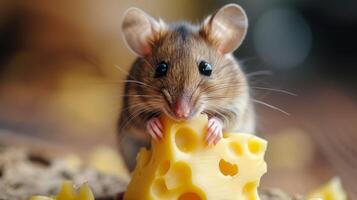 AI generated Little cute mouse eats cheese and looks at the camera photo