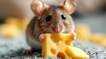 AI generated Little cute mouse eats cheese and looks at the camera photo