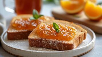 ai generado brindis con naranja mermelada untado mentiras en un blanco plato foto