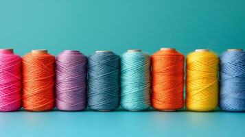 AI generated Multi-colored sewing threads lie in a row on a minimalistic bright background photo