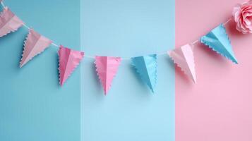 AI generated Triangular pink and blue paper garlands on a pastel background photo