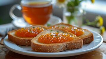 AI generated Toast with orange jam spread lies on a white plate photo