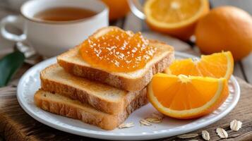 ai generado brindis con naranja mermelada untado mentiras en un blanco plato foto