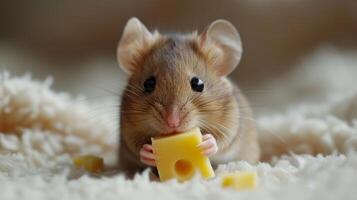 AI generated Little cute mouse eats cheese and looks at the camera photo