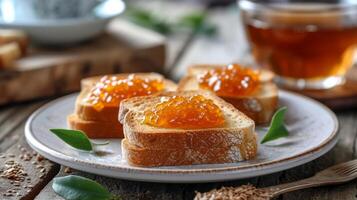 AI generated Toast with orange jam spread lies on a white plate photo