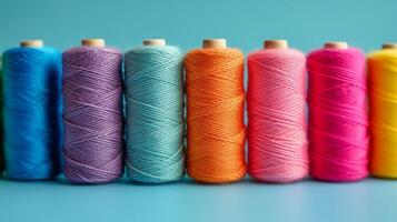 AI generated Multi-colored sewing threads lie in a row on a minimalistic bright background photo