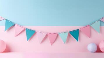 AI generated Triangular pink and blue paper garlands on a pastel background photo