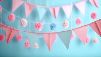 AI generated Triangular pink and blue paper garlands on a pastel background photo