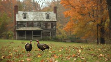 AI generated Turkeys walk on the grass in the yard of a classic American farm photo