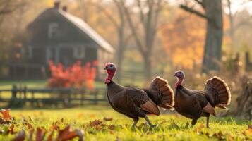 AI generated Turkeys walk on the grass in the yard of a classic American farm photo