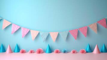 AI generated Triangular pink and blue paper garlands on a pastel background photo