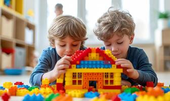 ai generado dos cinco años de edad Niños son edificio un casa desde un multicolor construcción conjunto foto