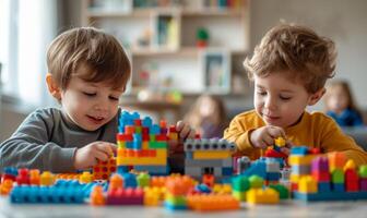 AI generated Two five-year-old boys are building a house from a multi-colored construction set photo