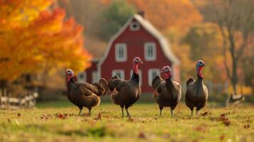 ai generado pavos caminar en el césped en el yarda de un clásico americano granja foto