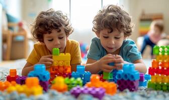 ai generado dos cinco años de edad Niños son edificio un casa desde un multicolor construcción conjunto foto