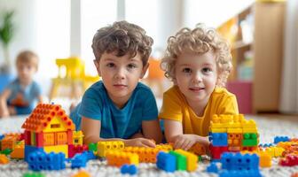 AI generated Two five-year-old boys are building a house from a multi-colored construction set photo