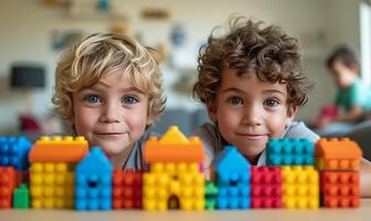 ai generado dos cinco años de edad Niños son edificio un casa desde un multicolor construcción conjunto foto