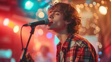 AI generated Young curly handsome guy sings karaoke photo