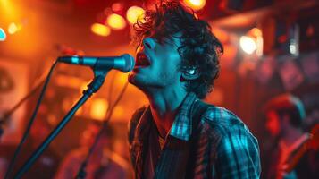 AI generated Young curly handsome guy sings karaoke photo