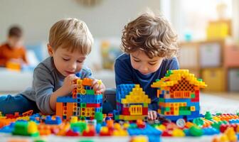 AI generated Two five-year-old boys are building a house from a multi-colored construction set photo