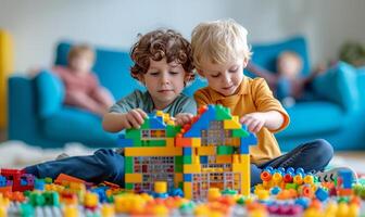 AI generated Two five-year-old boys are building a house from a multi-colored construction set photo