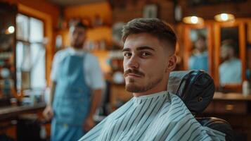 ai generado joven hermoso Barbero da un Corte de pelo a un brutal hombre en un barbería foto