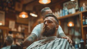 AI generated Young handsome Barber gives a haircut to a brutal man in a barbershop photo