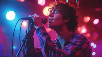 AI generated Young curly handsome guy sings karaoke photo