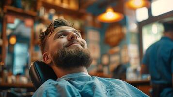 AI generated Young handsome Barber gives a haircut to a brutal man in a barbershop photo