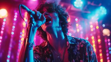 AI generated Young curly handsome guy sings karaoke photo