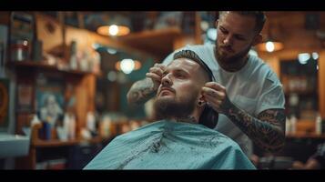 ai generado joven hermoso Barbero da un Corte de pelo a un brutal hombre en un barbería foto