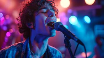 AI generated Young curly handsome guy sings karaoke photo