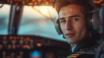 ai generado joven hermoso piloto sentado en el cabina de un avión foto