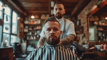 ai generado joven hermoso Barbero da un Corte de pelo a un brutal hombre en un barbería foto