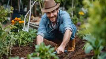 AI generated Young handsome gardener digging with a shovel in the garden photo