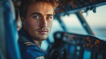 AI generated Young handsome pilot sitting in the cockpit of an airplane photo