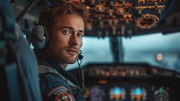 AI generated Young handsome pilot sitting in the cockpit of an airplane photo